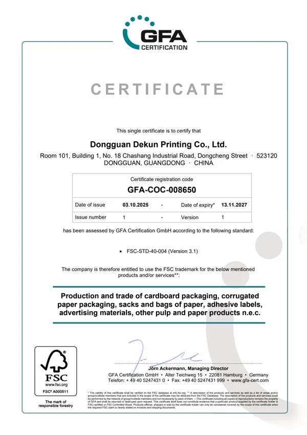 东莞市德坤印刷有限公司 — FSC 产销监管链证书 — GFA-COC-008650